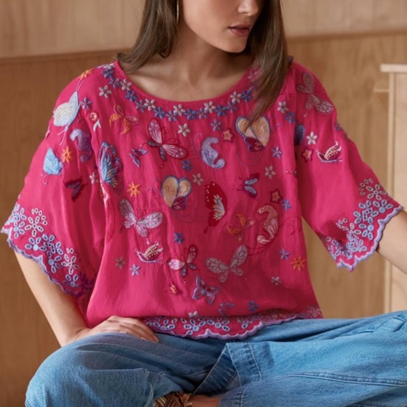 Johnny Was | Butterfly & Floral Embroidered Pink Short Sleeve Bellona Blouse - Picture 2 of 11